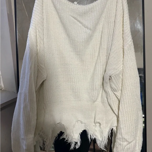 Women's Distressed V-Neck Sweater - White - Picture 3 of 4